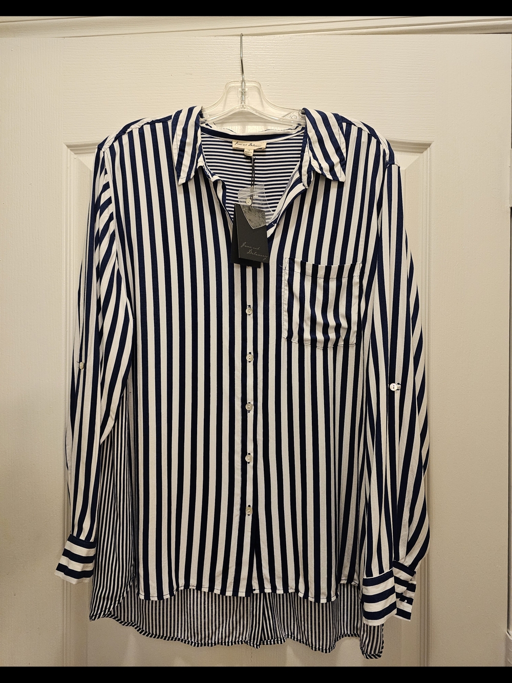 Jane and Delancey Navy and White Vertical Stripe Button-Down Shirt